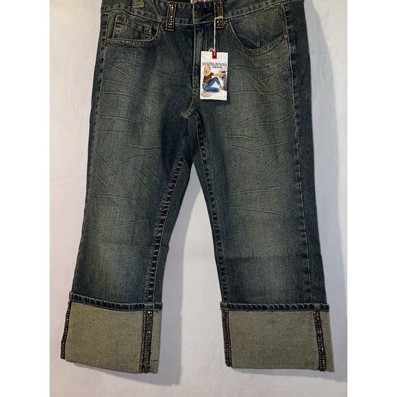 New BISOU BISOU Jeans Women's Size 16 Blue Rhinestone Gems Cuffed Leg Denim Jean - Picture 3 of 8